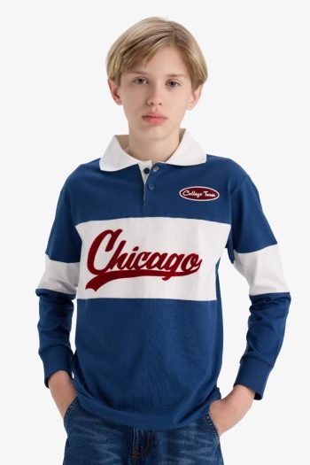Boys' Oversized Fit Polo Collar Embroidered Long Sleeve School T-Shirt