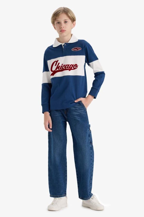 Boys' Oversized Fit Polo Collar Embroidered Long Sleeve School T-Shirt