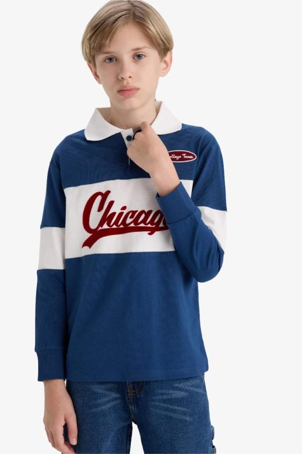 Boys' Oversized Fit Polo Collar Embroidered Long Sleeve School T-Shirt