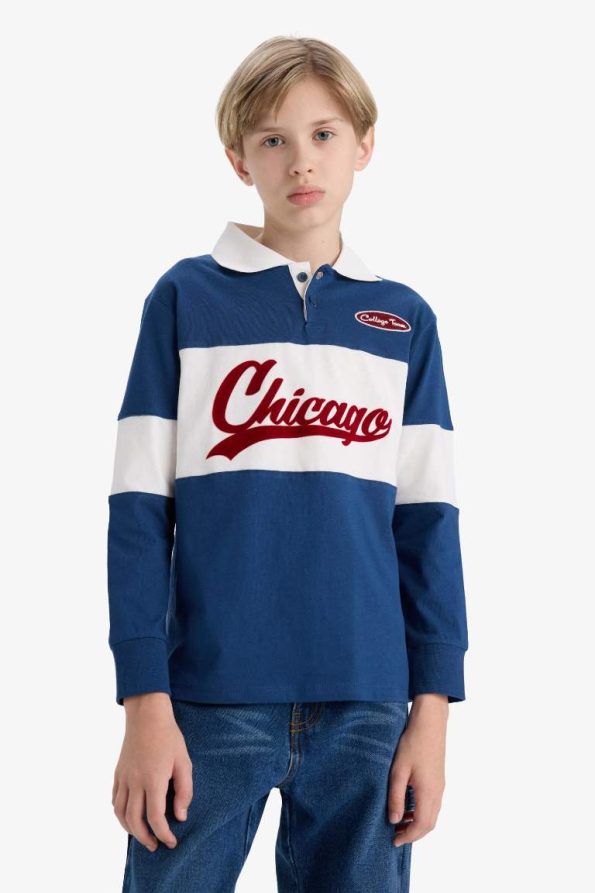 Boys' Oversized Fit Polo Collar Embroidered Long Sleeve School T-Shirt