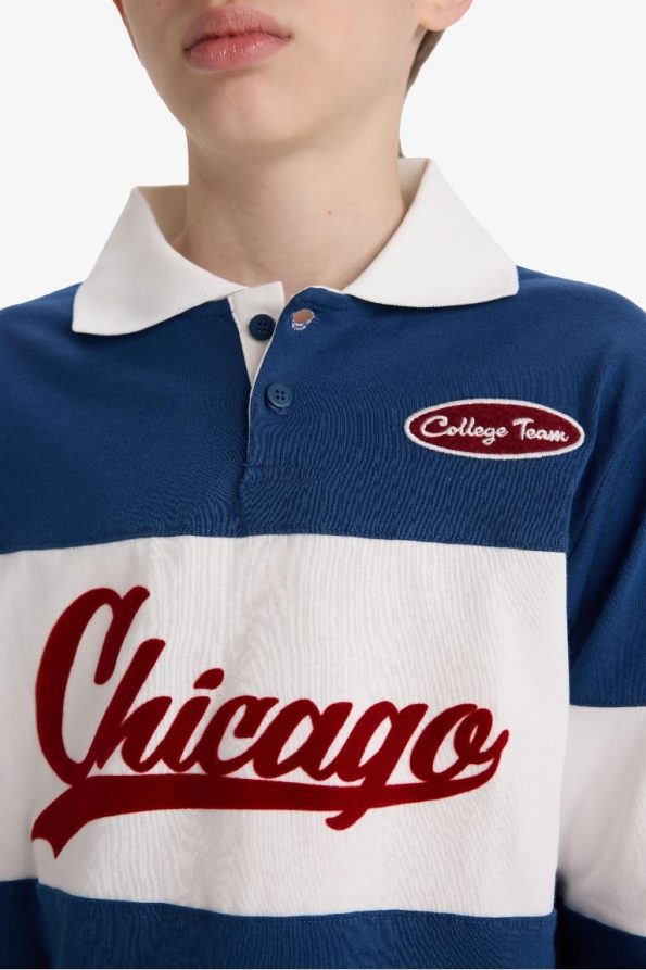 Boys' Oversized Fit Polo Collar Embroidered Long Sleeve School T-Shirt