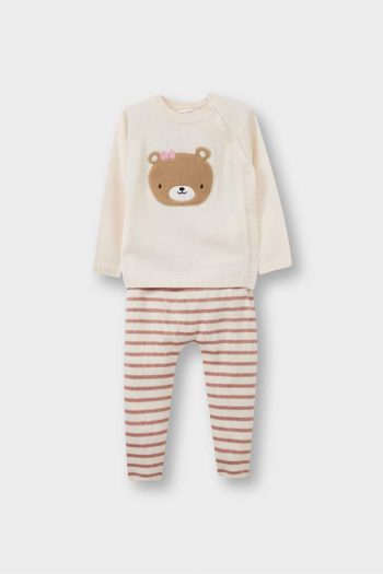 Girls' Baby 2-Piece Set with Bear Printed Cardigan and Striped Pants
