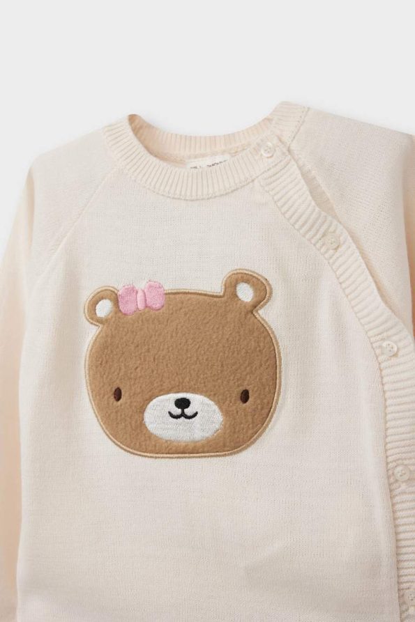 Girls' Baby 2-Piece Set with Bear Printed Cardigan and Striped Pants