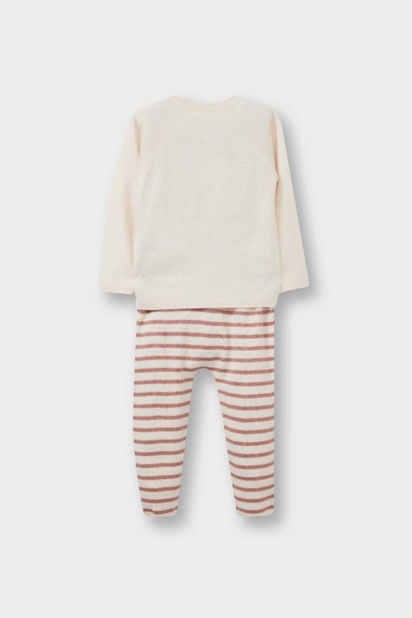 Girls' Baby 2-Piece Set with Bear Printed Cardigan and Striped Pants