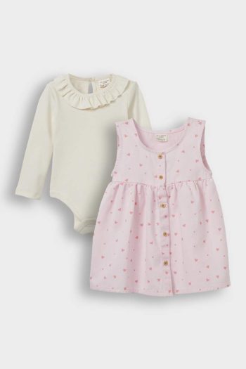 Girls' Baby 2-Piece Set with Snap Long Sleeve Bodysuit and Heart Pattern Dress