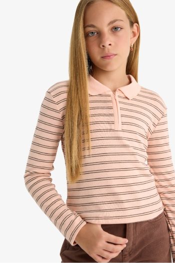 Girls' Slim Fit Striped Long Sleeve Polo Shirt