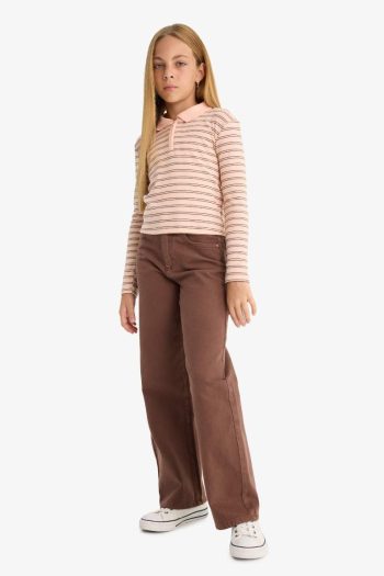 Girls' Slim Fit Striped Long Sleeve Polo Shirt