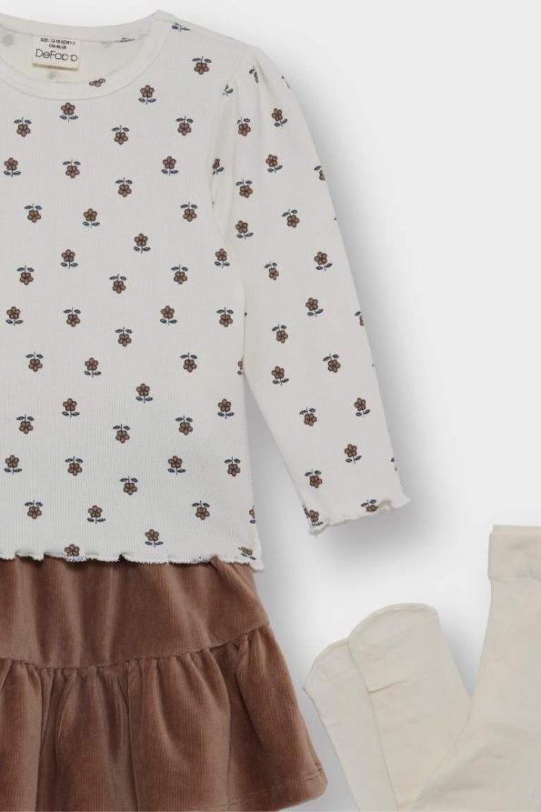 Girls' Baby 3-Piece Set Floral Pattern Ribbed Long Sleeve T-Shirt Velvet Skirt Tights