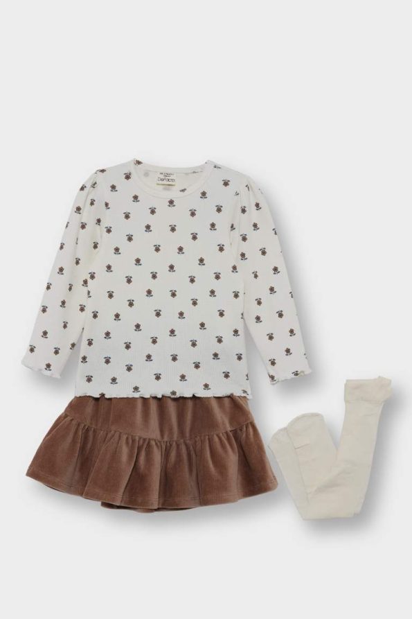Girls' Baby 3-Piece Set Floral Pattern Ribbed Long Sleeve T-Shirt Velvet Skirt Tights