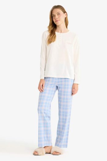 Regular Fit Long Sleeve Pajama Set Checkered Bottoms - Fall in Love