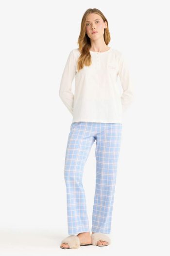 Regular Fit Long Sleeve Pajama Set Checkered Bottoms - Fall in Love