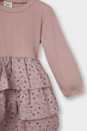 Girls' Floral Long Sleeve Ribbed Dress