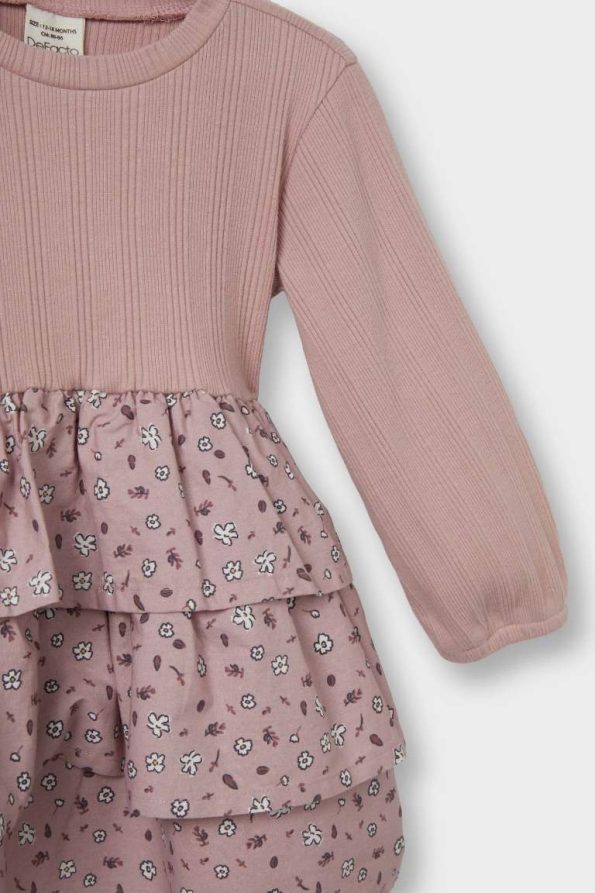 Girls' Floral Long Sleeve Ribbed Dress