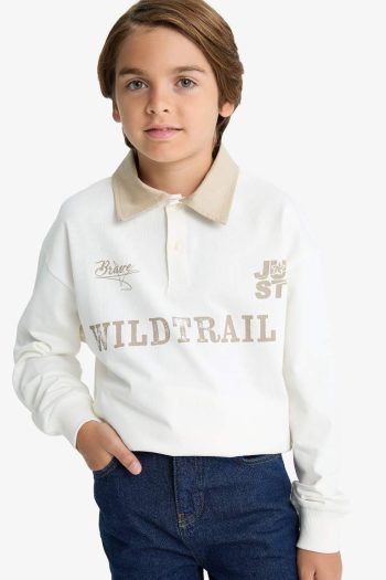 Boys' Oversized Classic Fit Printed Long Sleeve Polo Shirt
