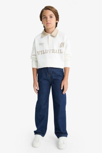 Boys' Oversized Classic Fit Printed Long Sleeve Polo Shirt
