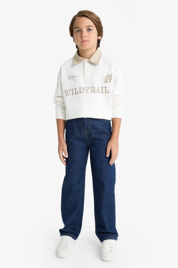 Boys' Oversized Classic Fit Printed Long Sleeve Polo Shirt