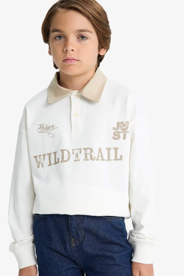 Boys' Oversized Classic Fit Printed Long Sleeve Polo Shirt
