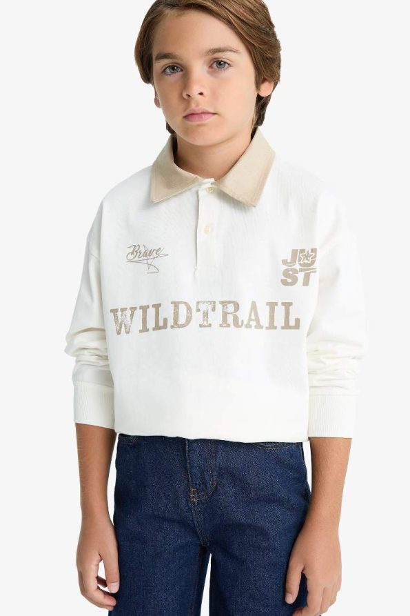 Boys' Oversized Classic Fit Printed Long Sleeve Polo Shirt