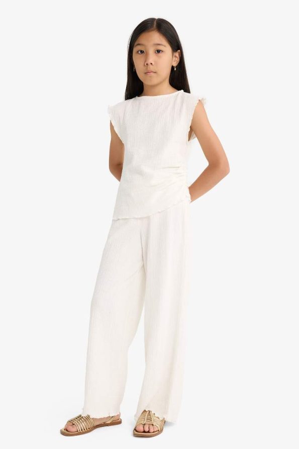 Girls' Two-Piece Embroidered Sleeveless Blouse with Wide Leg Pants