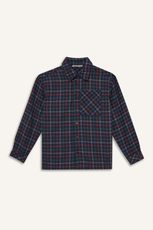Boys' Overshirt Fit Polo Collar Checked Long Sleeve Shirt
