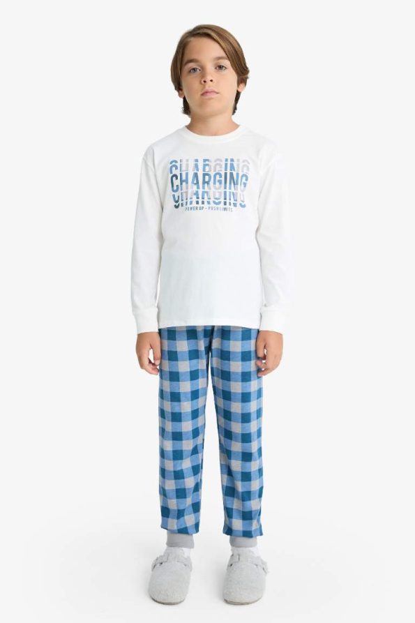 Boys' Printed Long Sleeve Pajama Set with Checkered Long Pants