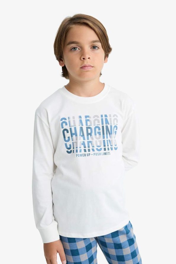 Boys' Printed Long Sleeve Pajama Set with Checkered Long Pants