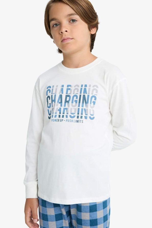 Boys' Printed Long Sleeve Pajama Set with Checkered Long Pants