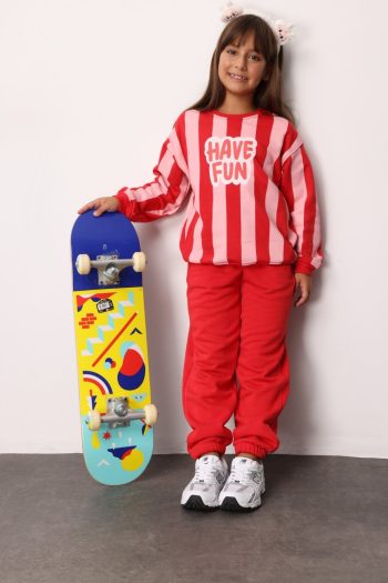 Red Have Fun Printed Striped Girls' Tracksuit - Phoebe