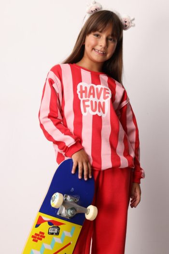 Red Have Fun Printed Striped Girls' Tracksuit - Phoebe