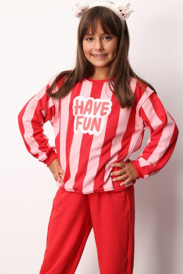 Red Have Fun Printed Striped Girls' Tracksuit - Phoebe
