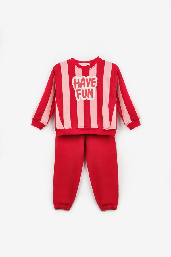 Red Have Fun Printed Striped Girls' Tracksuit - Phoebe