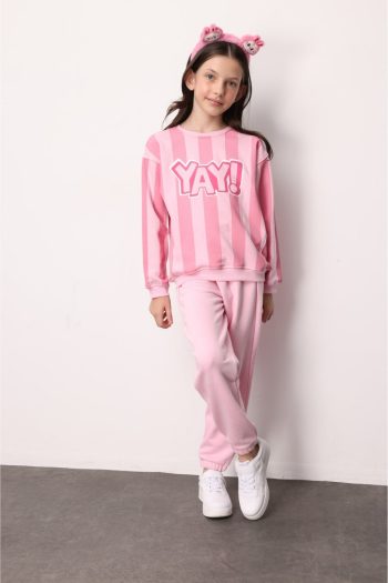 Pink Bow Printed Striped Girls' Tracksuit - Phoebe