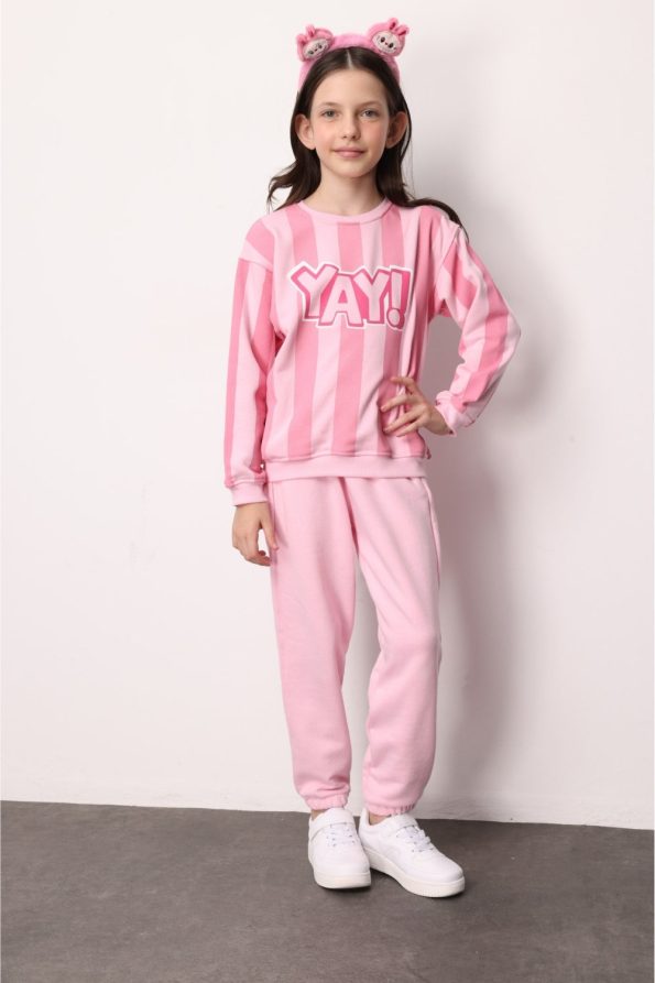 Pink Bow Printed Striped Girls' Tracksuit - Phoebe
