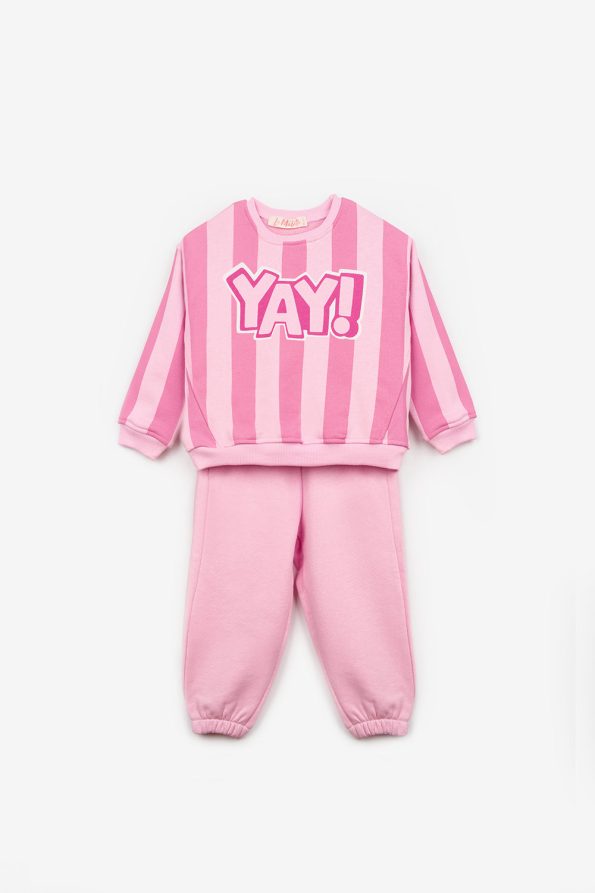 Pink Bow Printed Striped Girls' Tracksuit - Phoebe