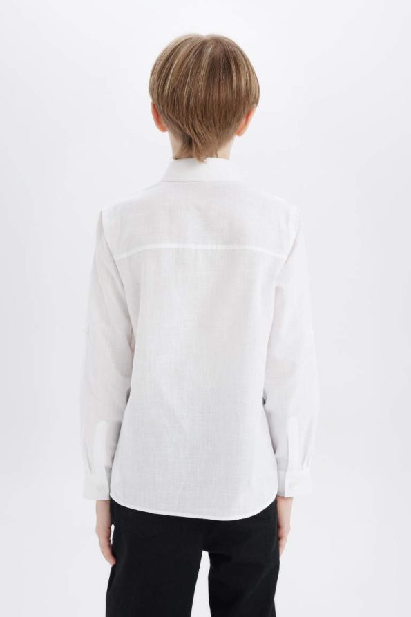 Boys' Long Sleeve Basic Polo Collar Shirt in Linen Look