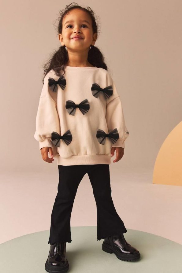 Bow Patterned Cotton Sweatshirt and Leggings Set for Girls