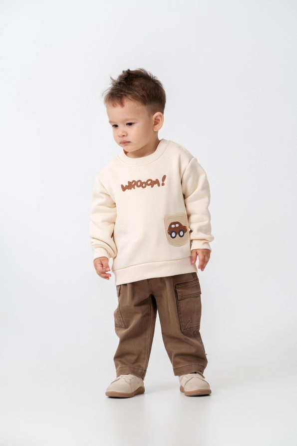 Boys' Cotton Cream Car Printed Sweatshirt and Brown Cargo Pants Set