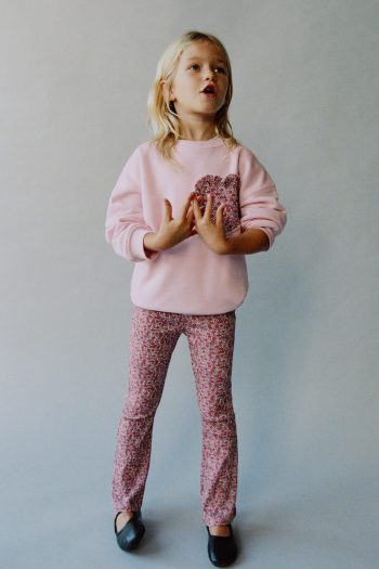 Girls' Cotton Pink Heart Appliqué Sweatshirt and Floral Flare Leggings Set
