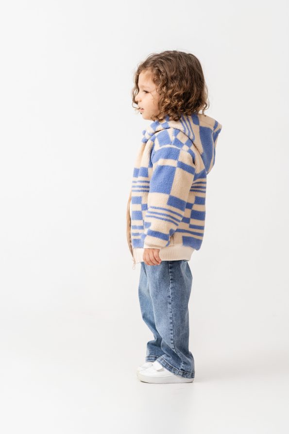 Boys' Cotton Blend Beige and Blue Plaid Hooded Zip-Up Fleece Jacket