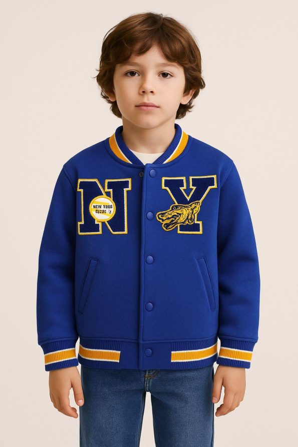 Unisex Kids Cotton Navy College Jacket - Letter and Dragon Applique Bomber Coat