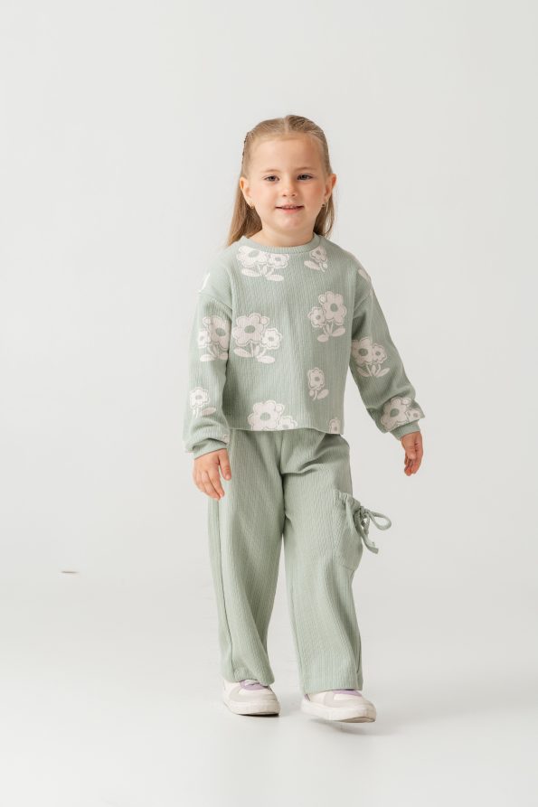 Girls' Cotton Green Floral Set – Drawstring Pants