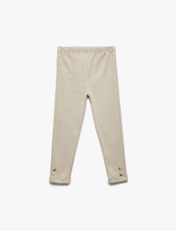 Girls' Herringbone Pattern Button Detail Elastic Waist Long Leggings