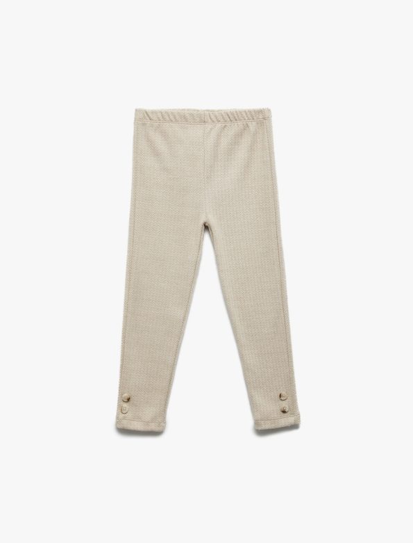 Girls' Herringbone Pattern Button Detail Elastic Waist Long Leggings
