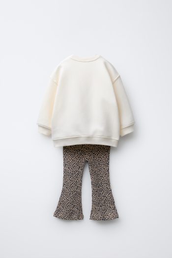 Girls' Cotton Ecru Heart Appliqué Sweatshirt and Leopard Print Flare Leggings Set