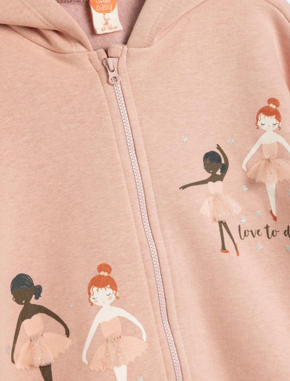 Girls' Hooded Zippered Sweatshirt with Ballerina Print