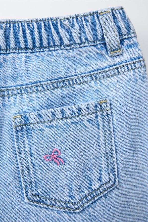 Girls' Cotton Light Blue Denim Pants with Pink Bow Embroidery