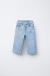Girls' Cotton Light Blue Denim Pants with Pink Bow Embroidery