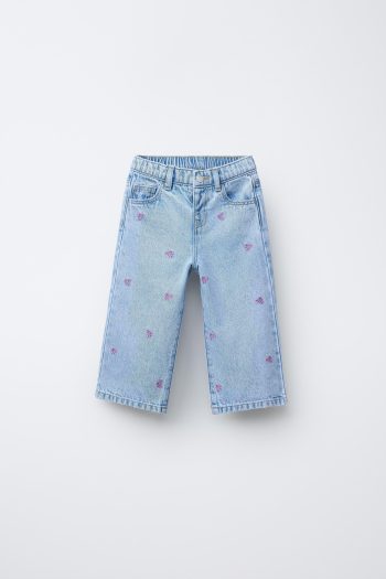 Girls' Cotton Light Blue Denim Pants with Pink Bow Embroidery