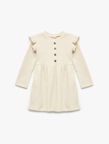 Girls' Baby Ruffled Detail Button-Up Long Sleeve Crew Neck Dress