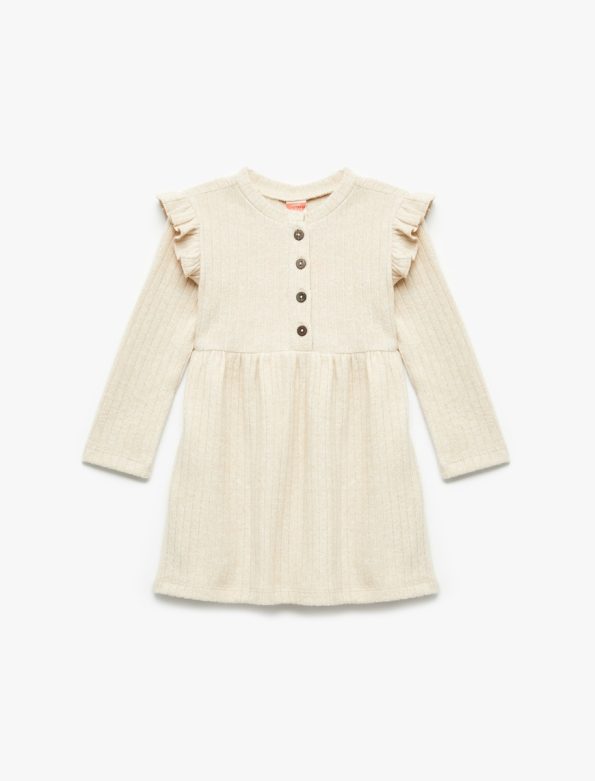 Girls' Baby Ruffled Detail Button-Up Long Sleeve Crew Neck Dress